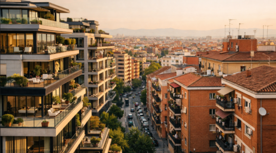 Contraste inmobiliario en Madrid: edificios modernos frente a bloques tradicionales al atardecer