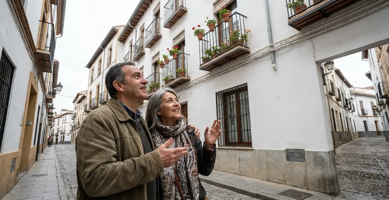 Pareja española evaluando fachada de edificio de apartamentos con balcones típicos mediterráneos
