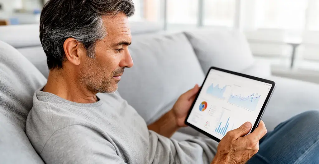 Propietario español revisando informe de tasación inmobiliaria en tablet desde su salón